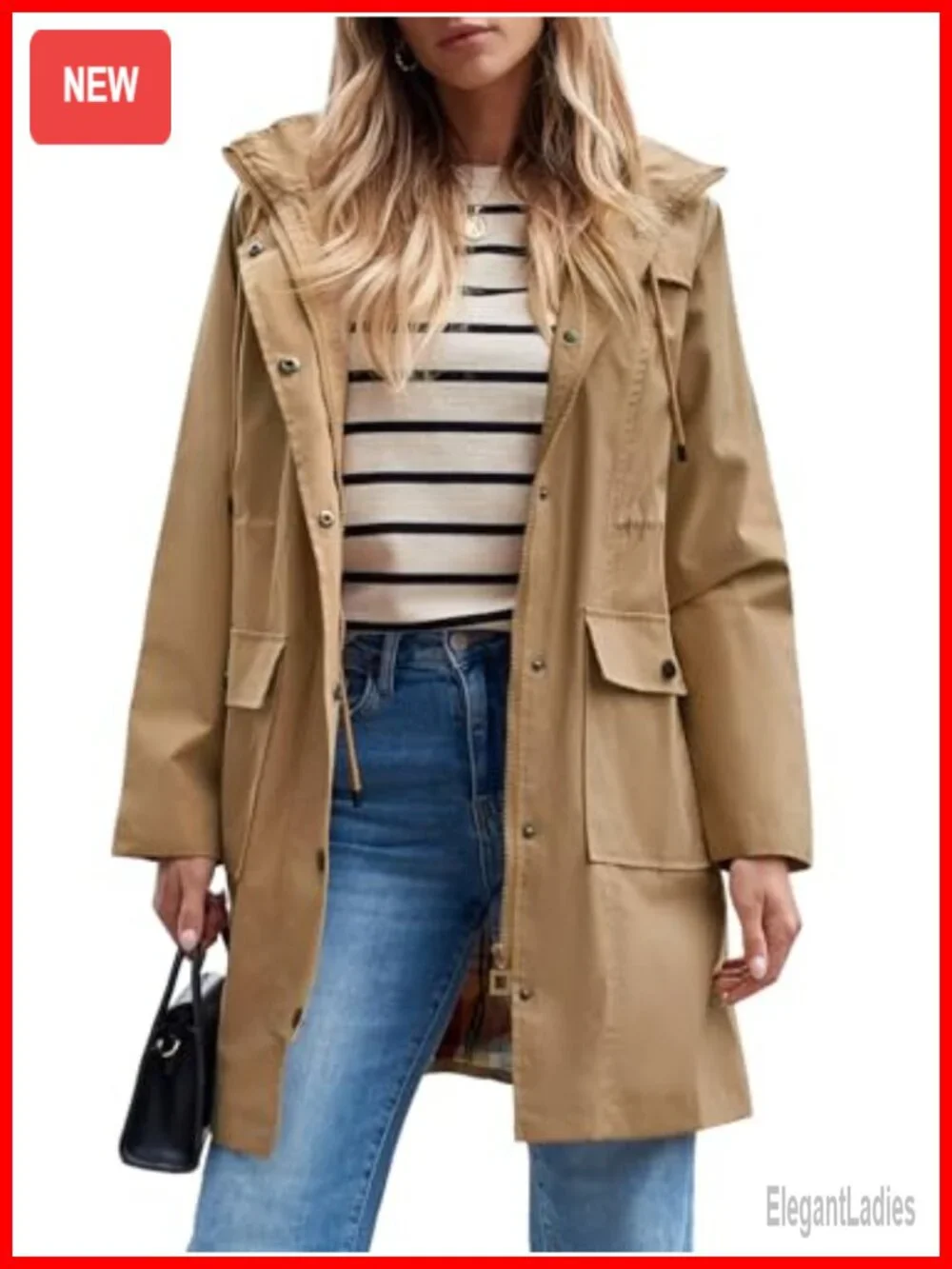 Women's Waterproof Rain Jacket Long Raincoat Hooded Windbreaker Trench Coat